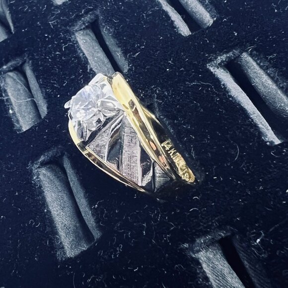 ESPO 14kt Gold Electroplate & Silver Tone Men's Ring W/Clear Rhinestone (R416) - Picture 3 of 6